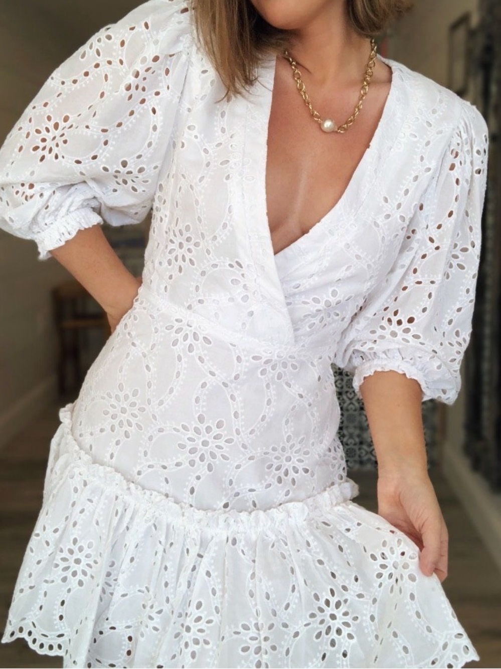 Olivaceous White Eyelet Puff-Sleeve Mini Dress ‼️Runs XS‼️